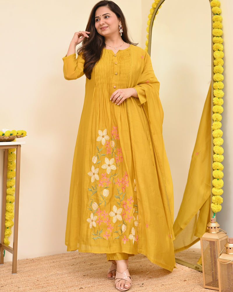Mustard Blossom Threaded Mul Chanderi A Line Suit