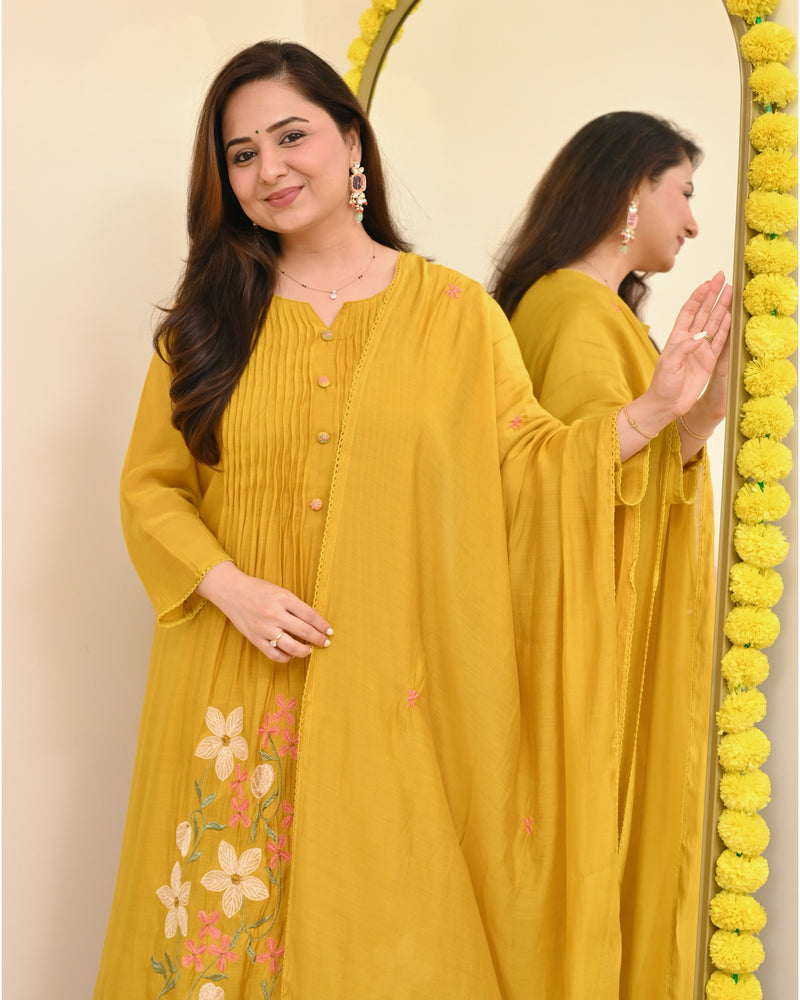 Mustard Blossom Threaded Mul Chanderi A Line Suit