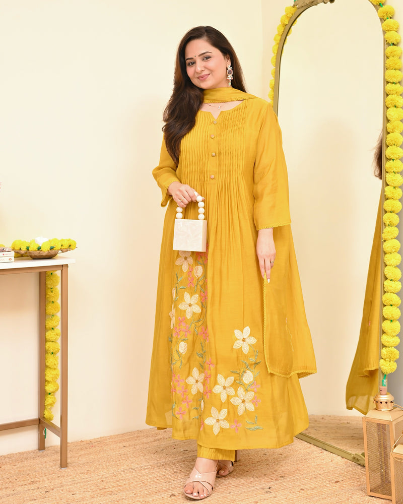Mustard Blossom Threaded Mul Chanderi A Line Suit