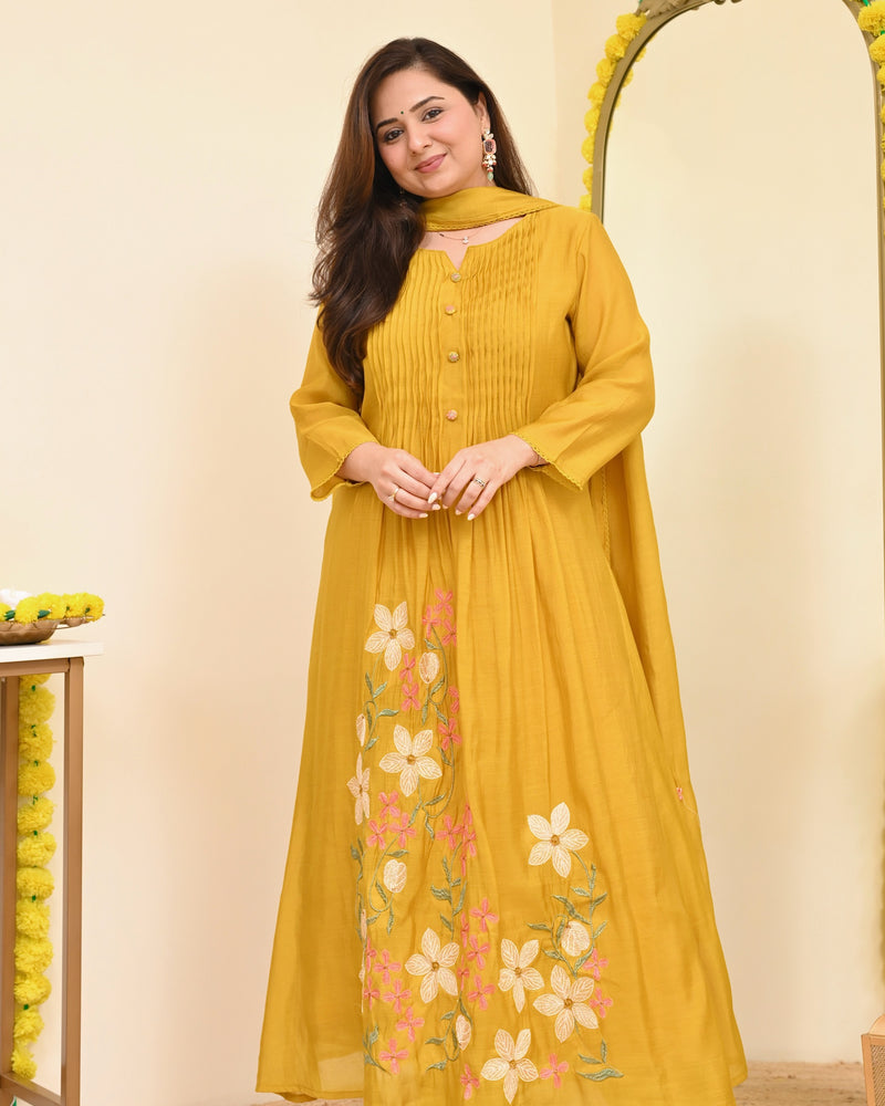 Mustard Blossom Threaded Mul Chanderi A Line Suit