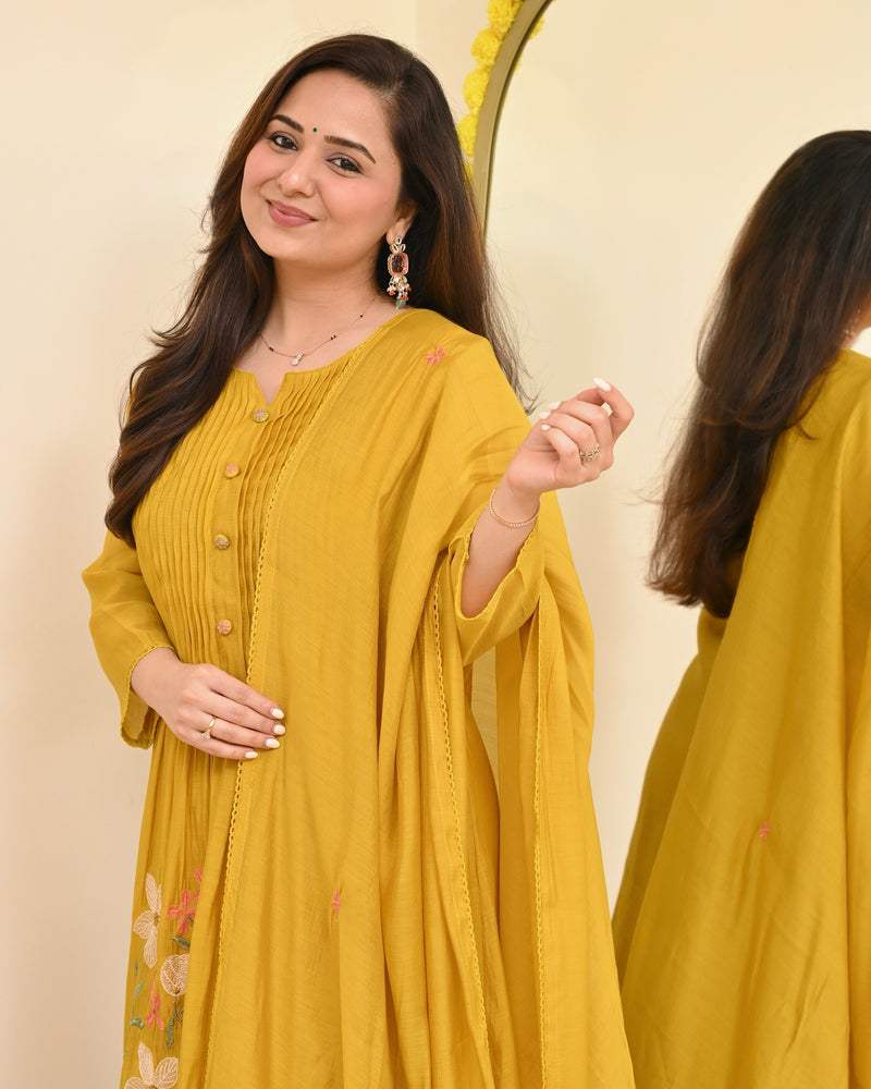 Mustard Blossom Threaded Mul Chanderi A Line Suit