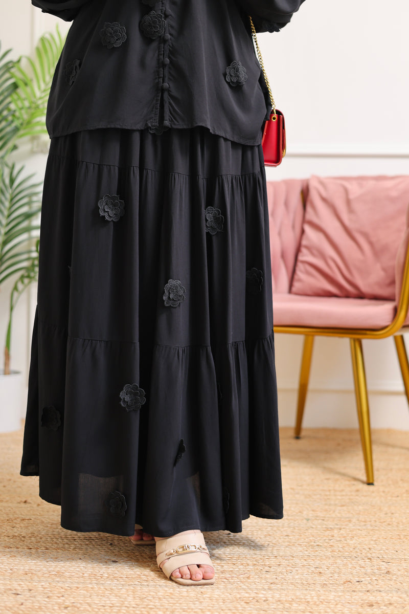 Black Rose Bloom Cotton Skirt Set