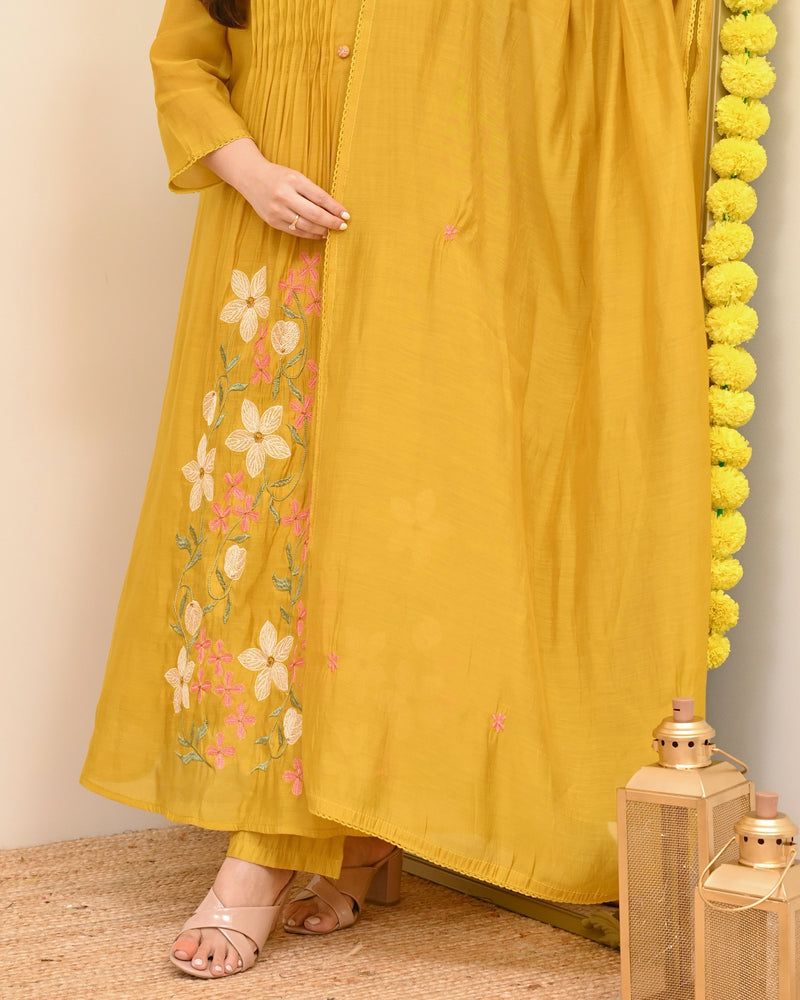 Mustard Blossom Threaded Mul Chanderi A Line Suit