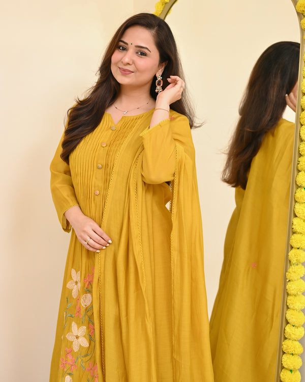 Mustard Blossom Threaded Mul Chanderi A Line Suit