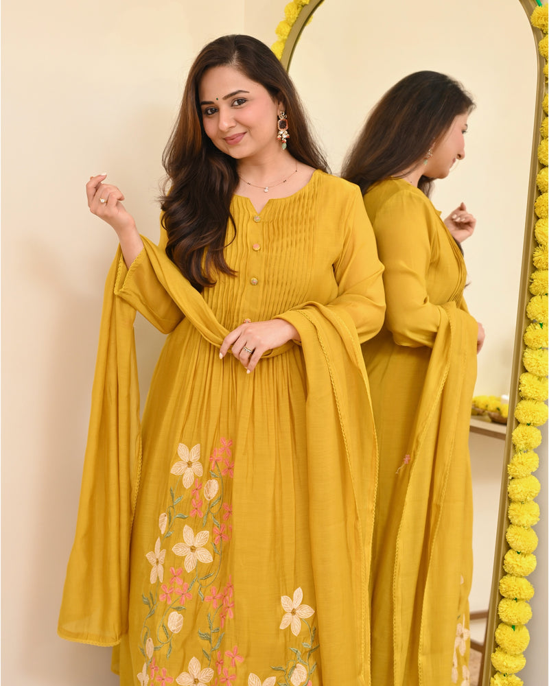 Mustard Blossom Threaded Mul Chanderi A Line Suit