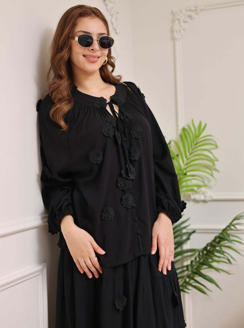 Black Rose Bloom Cotton Skirt Set