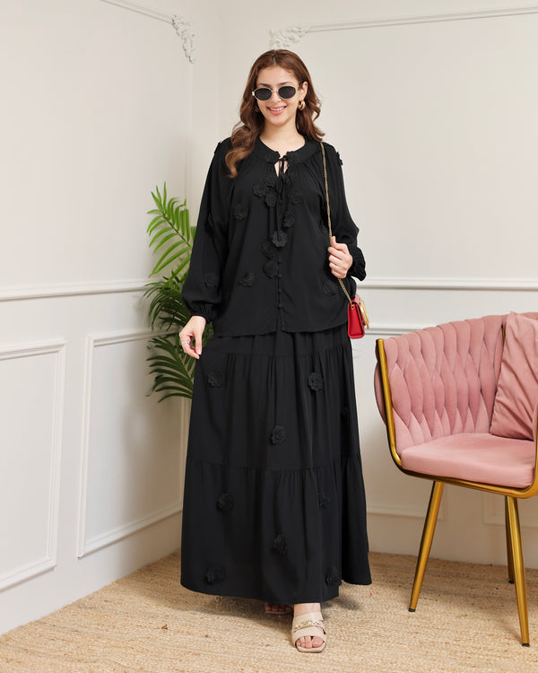 Black Rose Bloom Cotton Skirt Set