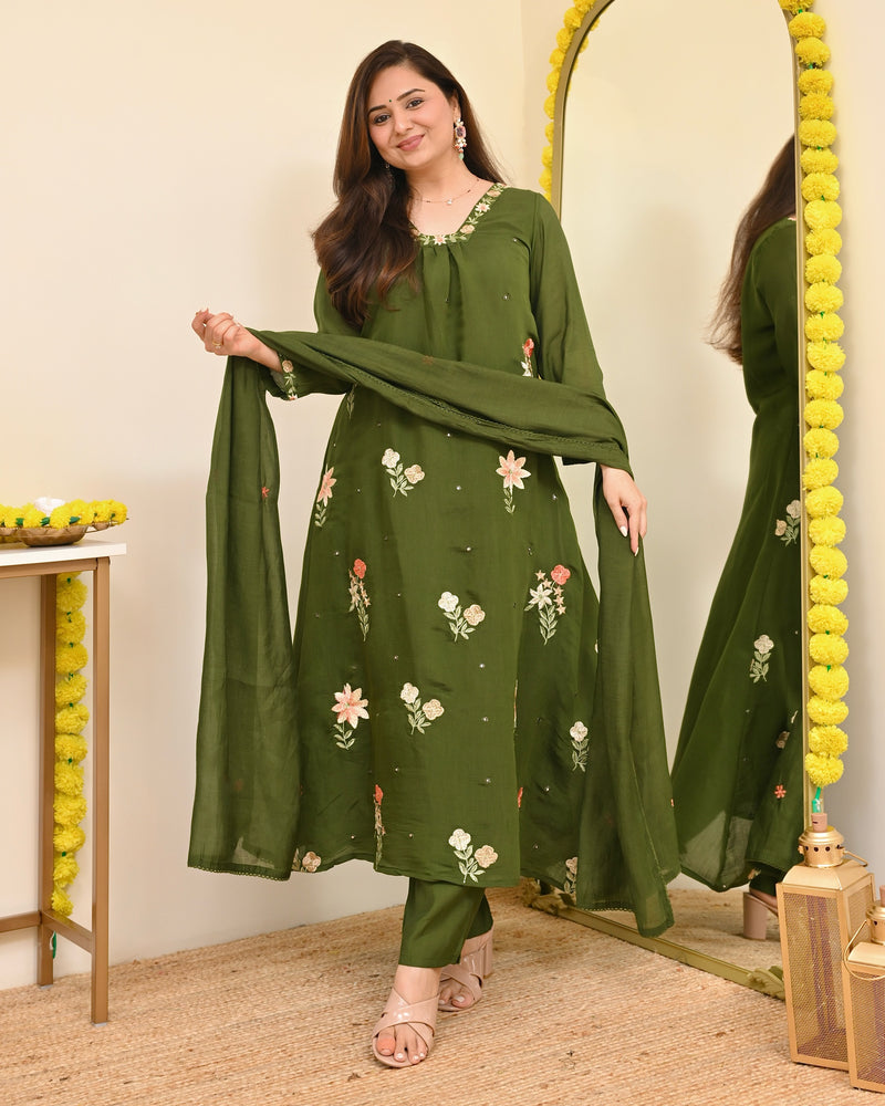 Olive Blossom Threaded Mul Chanderi A Line Suit