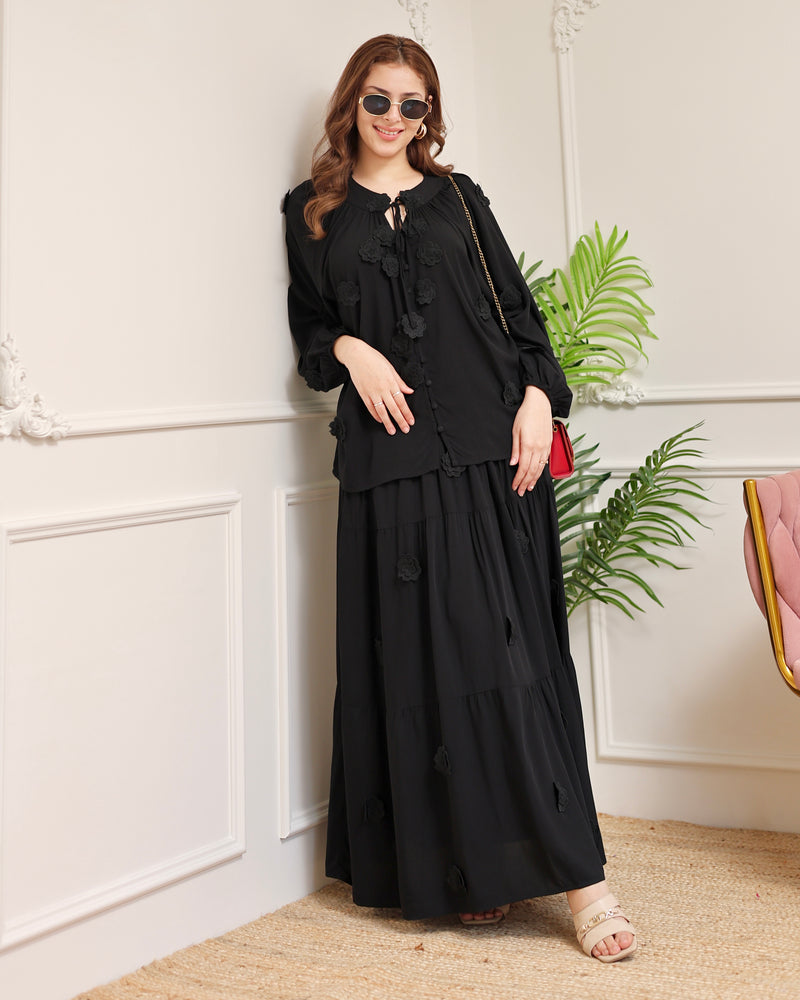 Black Rose Bloom Cotton Skirt Set