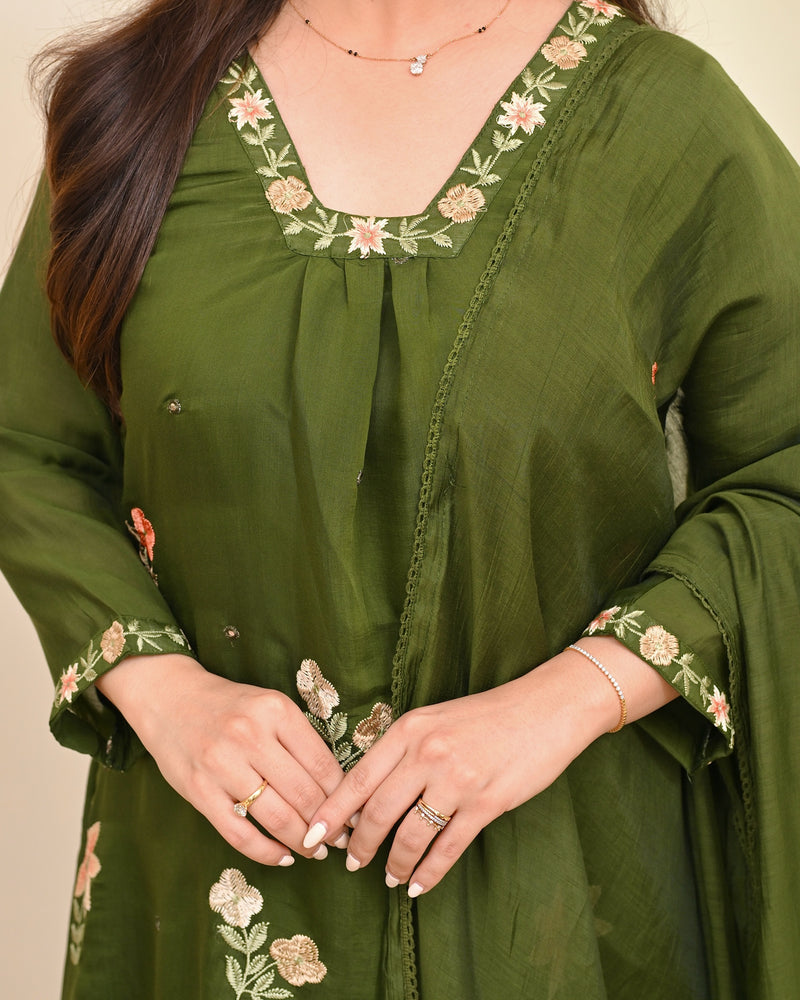Olive Blossom Threaded Mul Chanderi A Line Suit