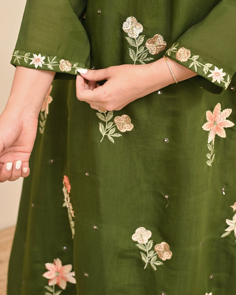 Olive Blossom Threaded Mul Chanderi A Line Suit