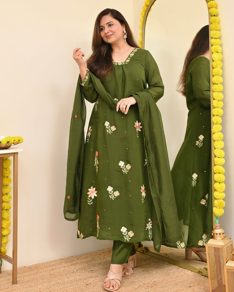 Olive Blossom Threaded Mul Chanderi A Line Suit
