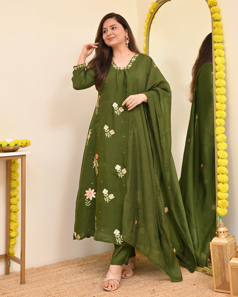 Olive Blossom Threaded Mul Chanderi A Line Suit