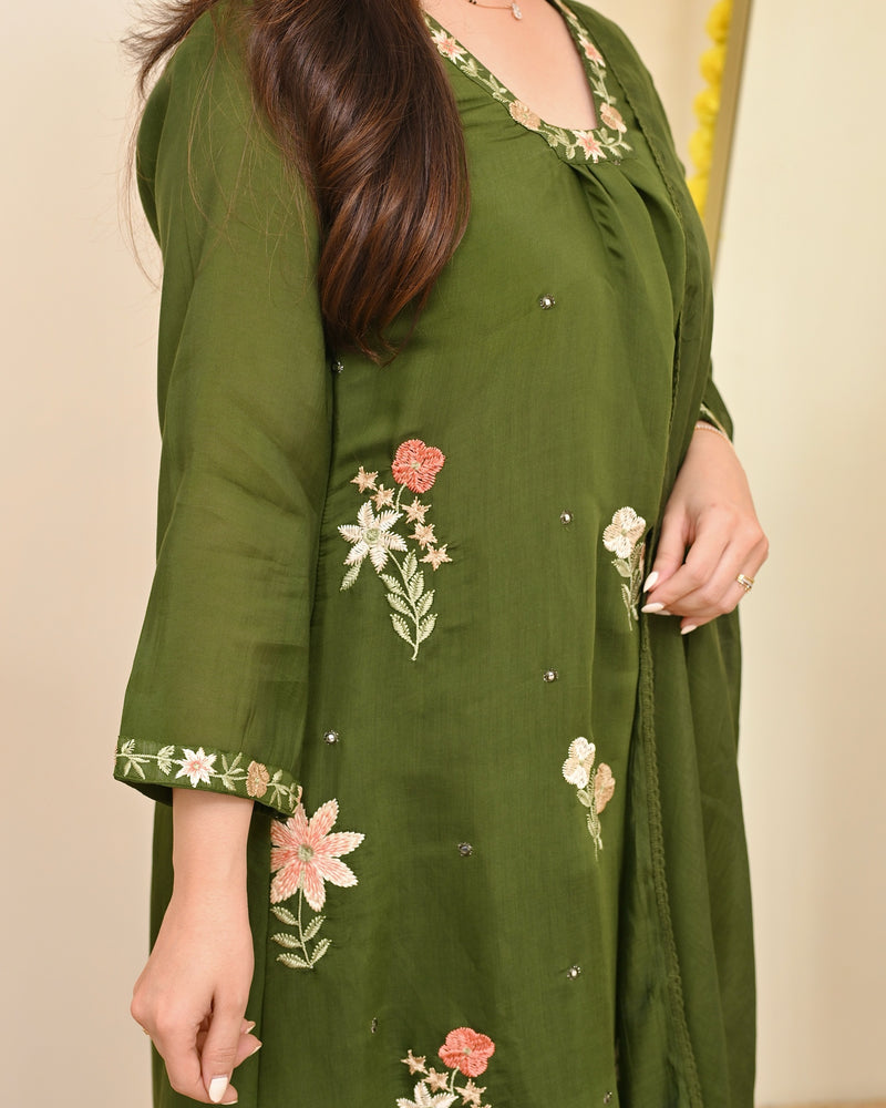 Olive Blossom Threaded Mul Chanderi A Line Suit