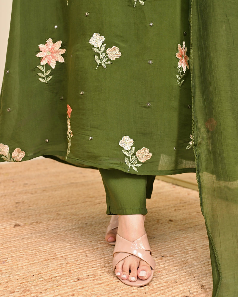Olive Blossom Threaded Mul Chanderi A Line Suit