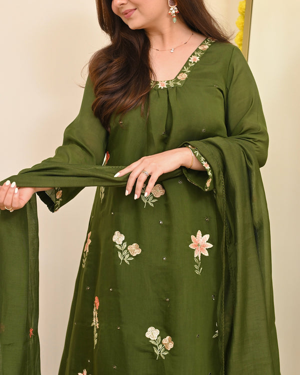 Olive Blossom Threaded Mul Chanderi A Line Suit