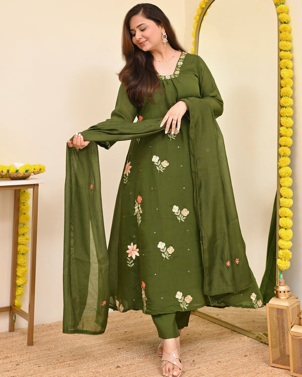 Olive Blossom Threaded Mul Chanderi A Line Suit