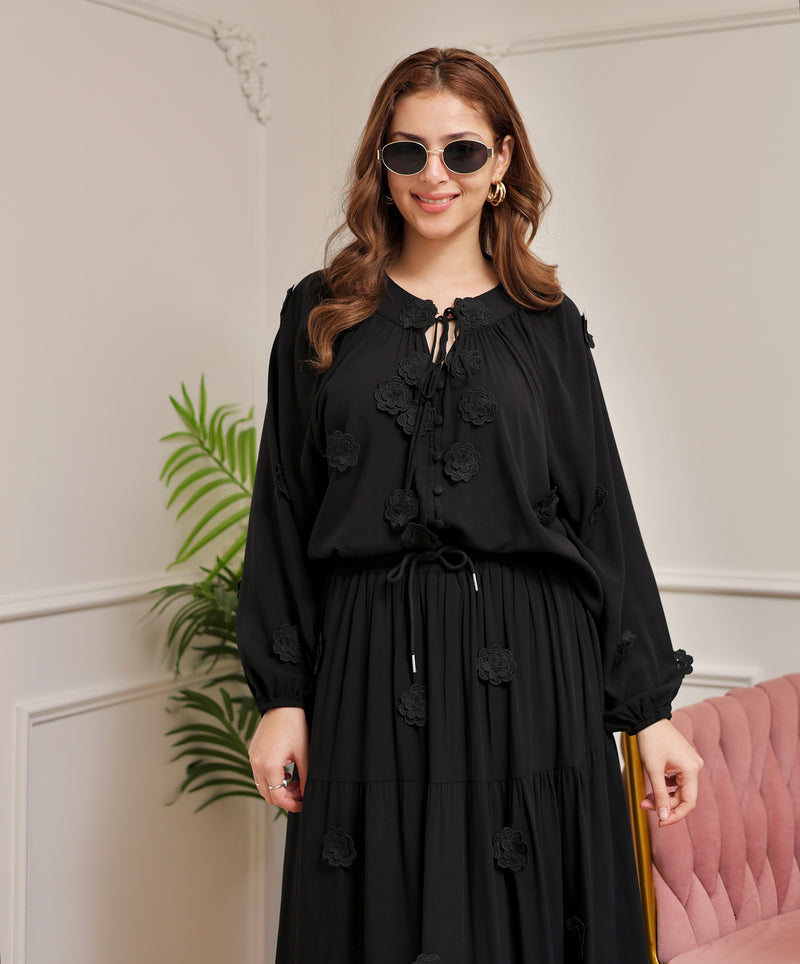 Black Rose Bloom Cotton Skirt Set