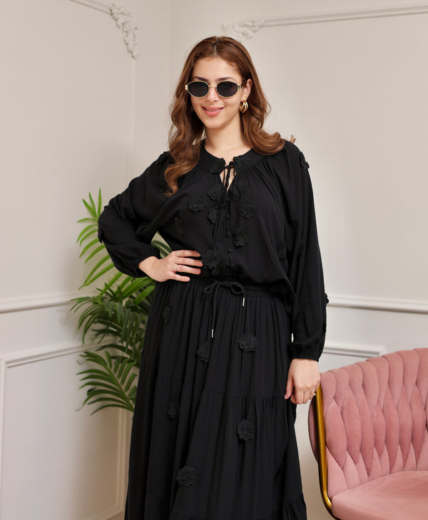 Black Rose Bloom Cotton Skirt Set