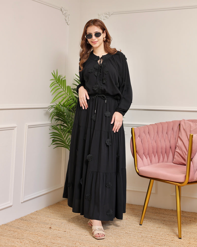 Black Rose Bloom Cotton Skirt Set