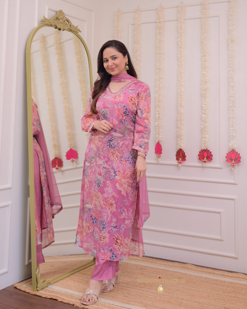 Onion Pink 3 PC Pure Chinnon Floral Print Handwork Suit Set For