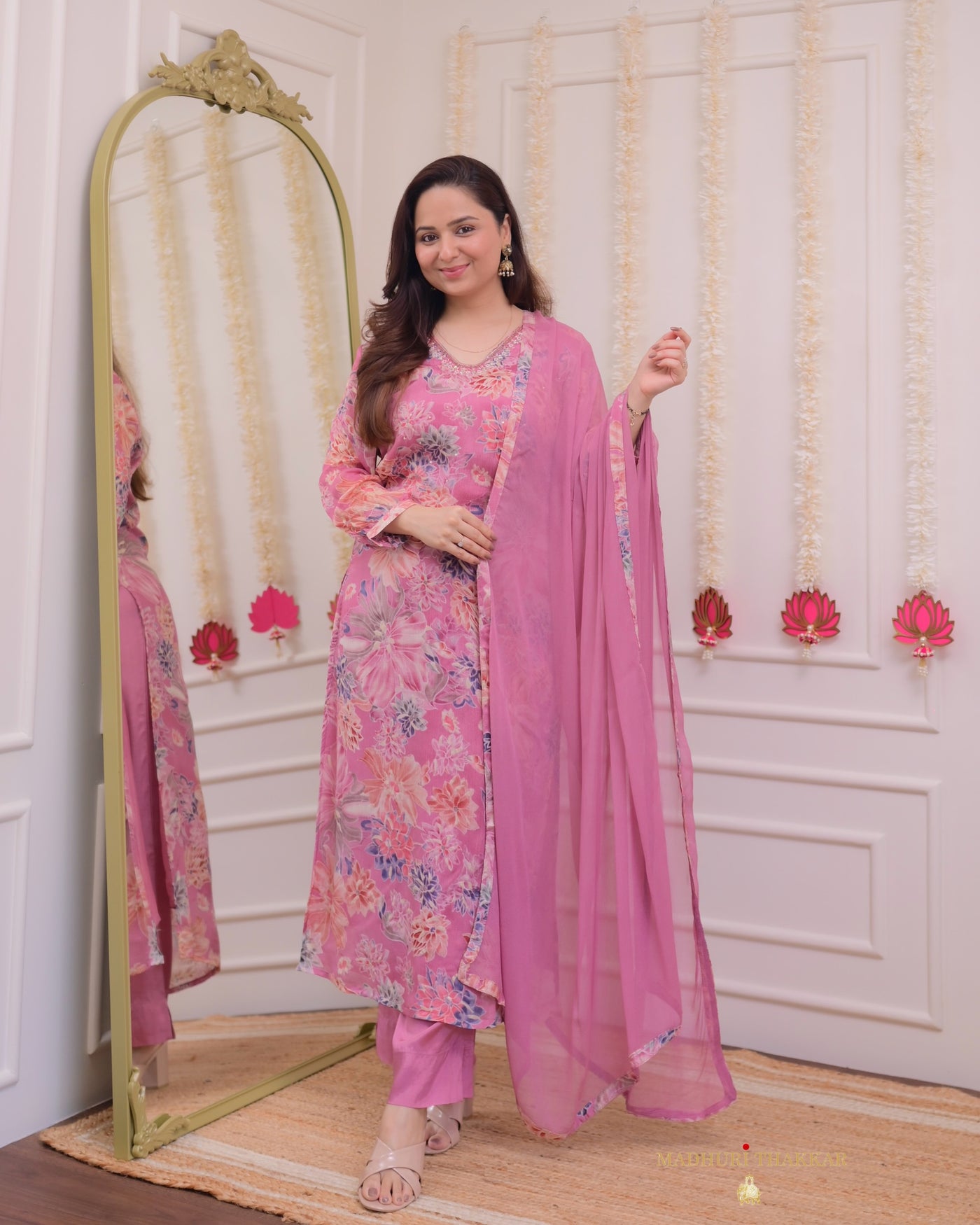 Onion Pink Floral Chinnon Handwork Suit