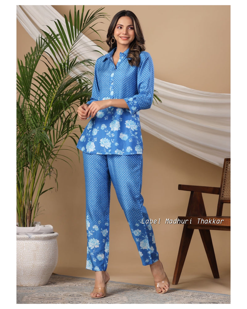 Blue Digital Print Muslin Co-ord Set