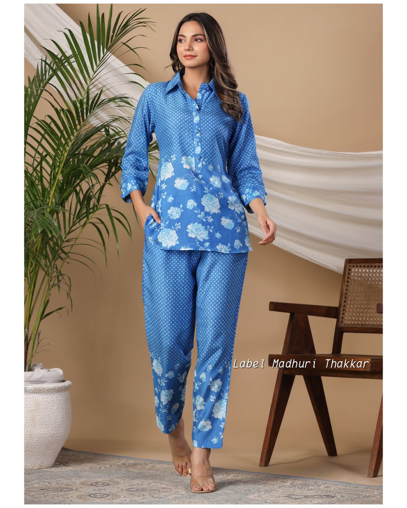 Blue Digital Print Muslin Co-ord Set