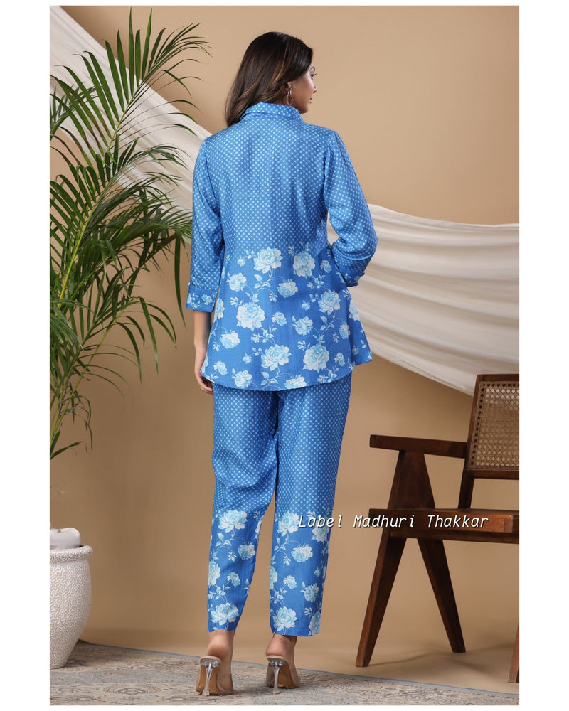 Blue Digital Print Muslin Co-ord Set