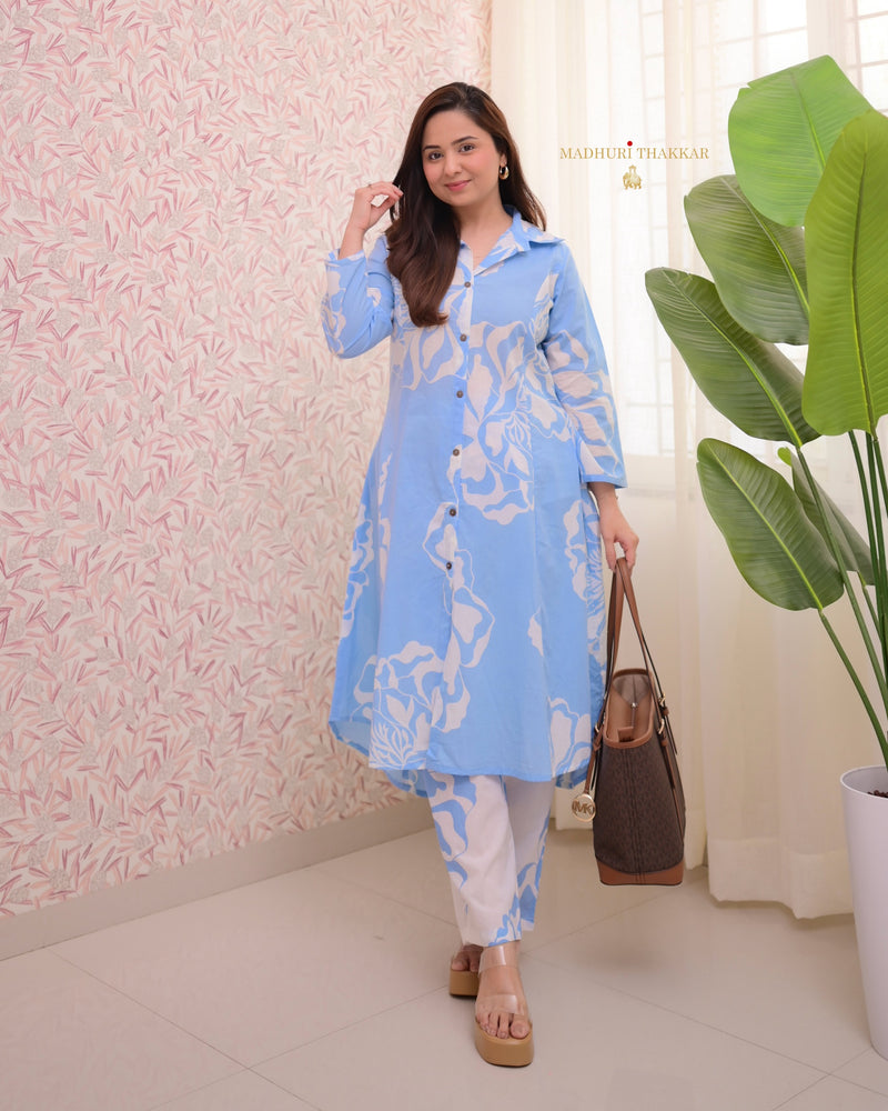 Powder Blue Abstract A Line Cotton Co-ord