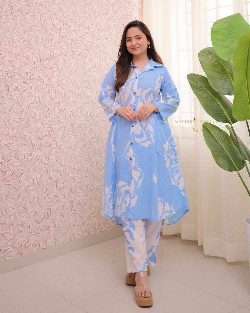 Powder Blue Abstract A Line Cotton Co-ord