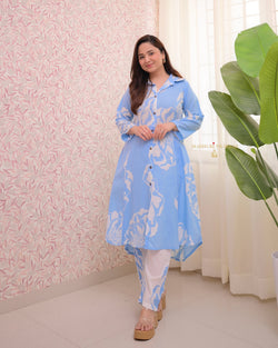 Powder Blue Abstract A Line Cotton Co-ord