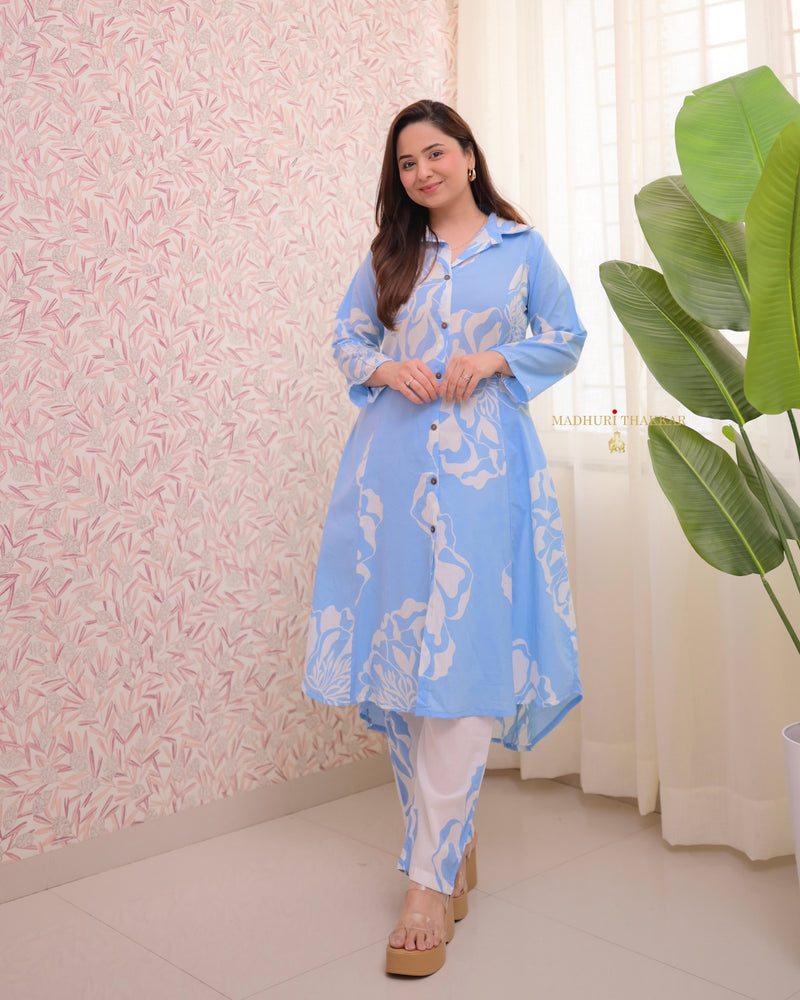 Powder Blue Abstract A Line Cotton Co-ord