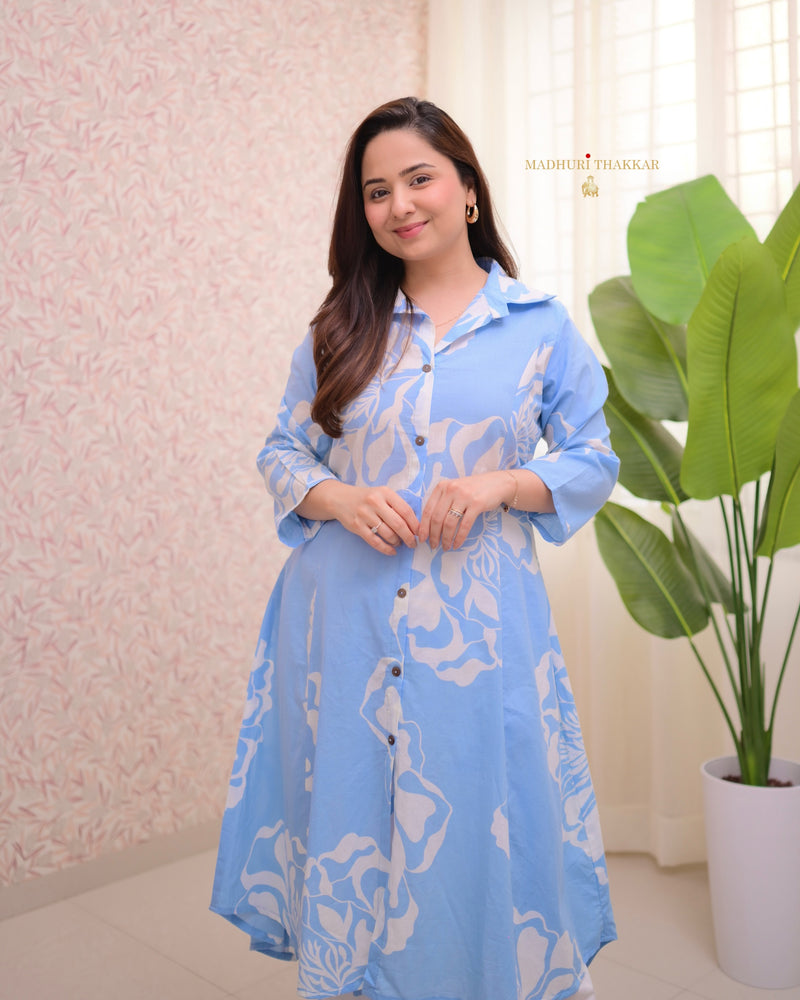 Powder Blue Abstract A Line Cotton Co-ord
