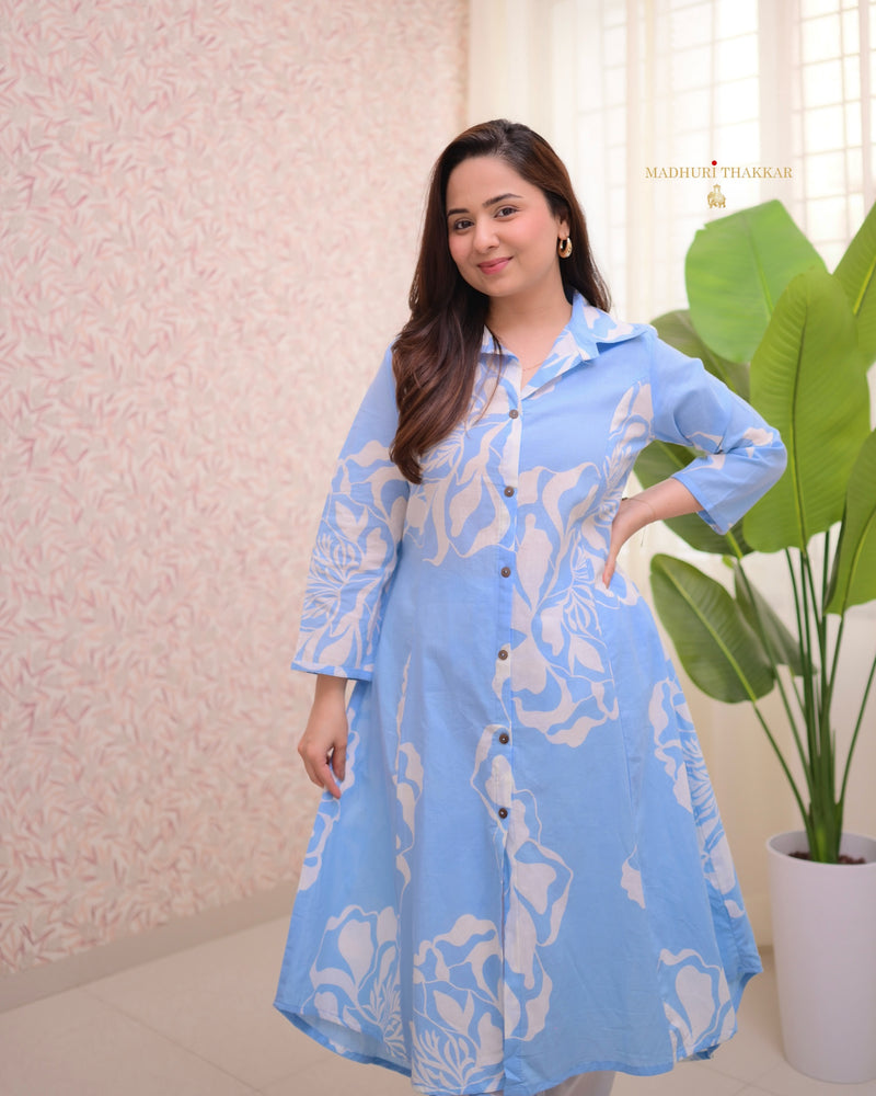 Powder Blue Abstract A Line Cotton Co-ord