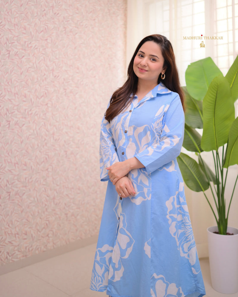 Powder Blue Abstract A Line Cotton Co-ord