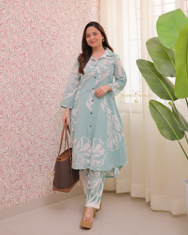 Mint Green Abstract A Line Cotton Co-ord