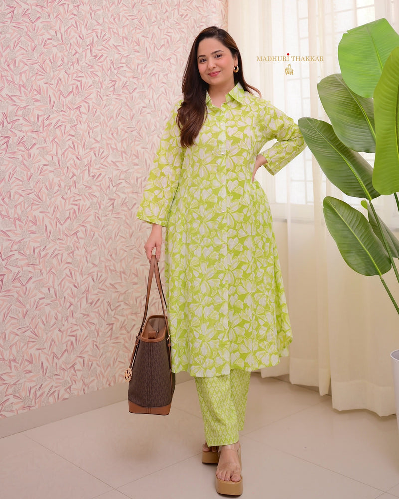 Green Floral A Line Cotton Co-ord