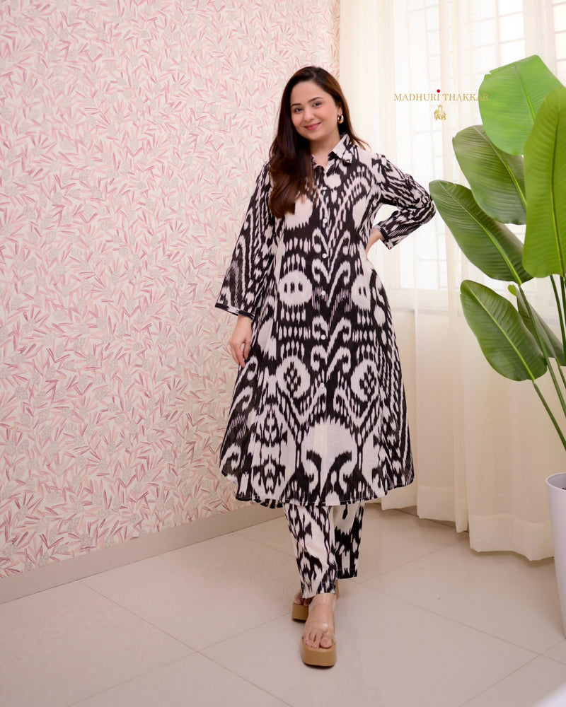 Black White Ikat A Line Cotton Co-ord