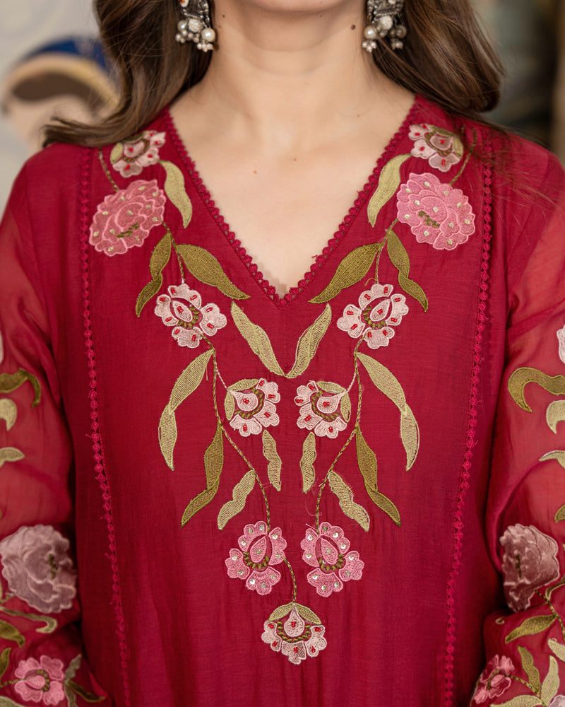 Maroon Red Mul Chanderi Threadwork Premium A Line Suit