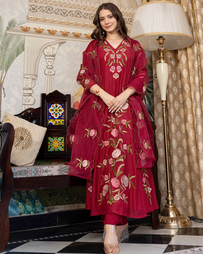 Maroon Red Mul Chanderi Threadwork Premium A Line Suit