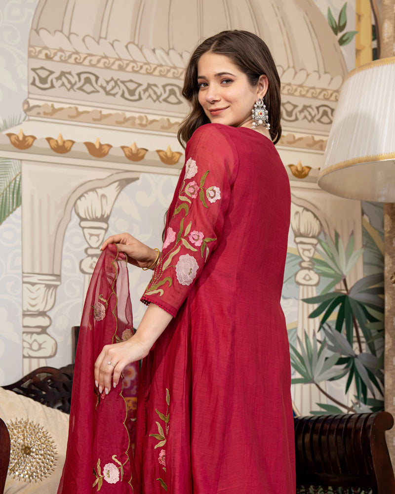 Maroon Red Mul Chanderi Threadwork Premium A Line Suit