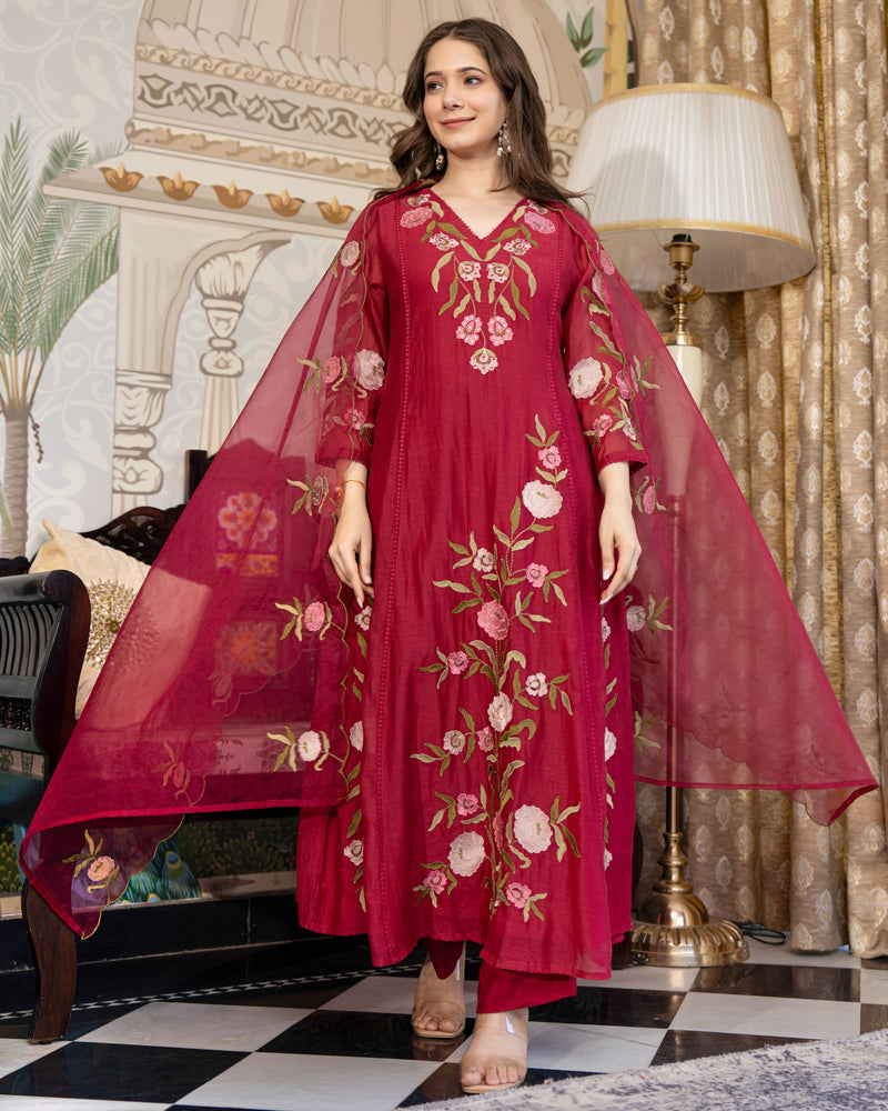 Maroon Red Mul Chanderi Threadwork Premium A Line Suit