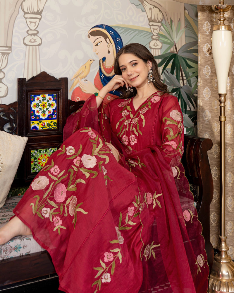 Maroon Red Mul Chanderi Threadwork Premium A Line Suit
