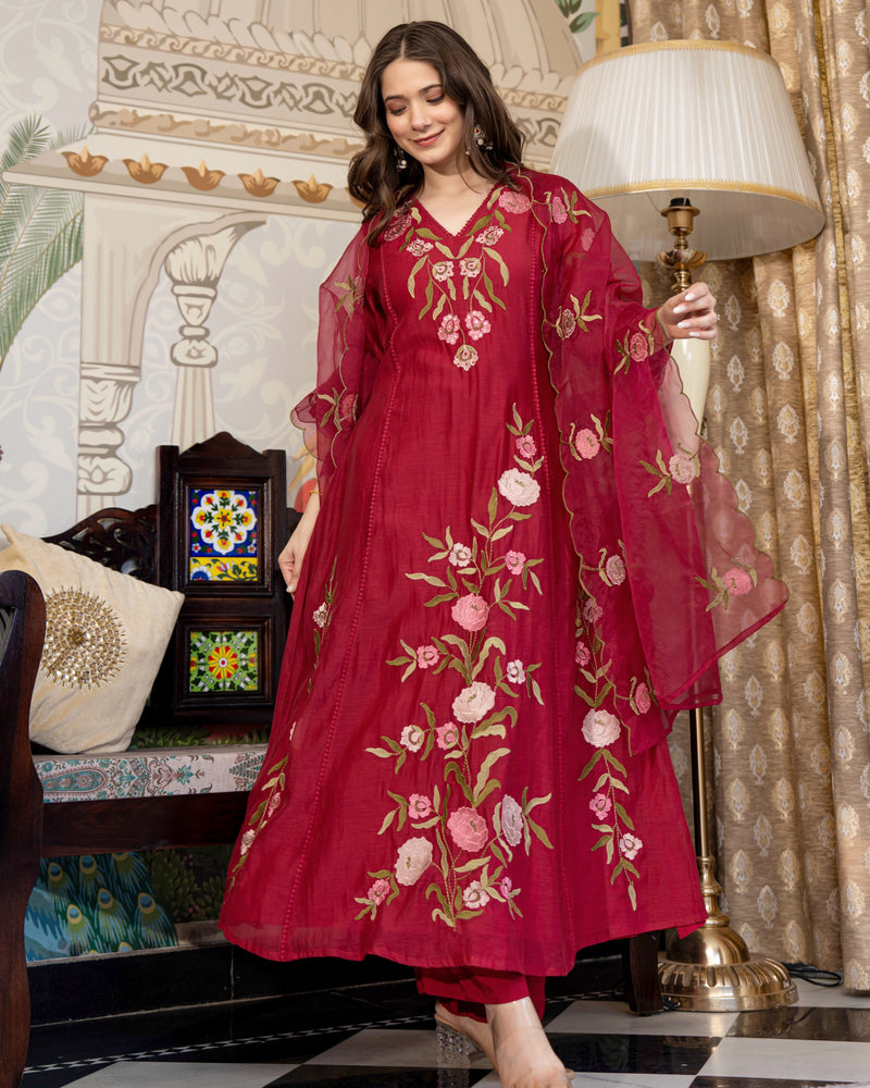 Maroon Red Mul Chanderi Threadwork Premium A Line Suit