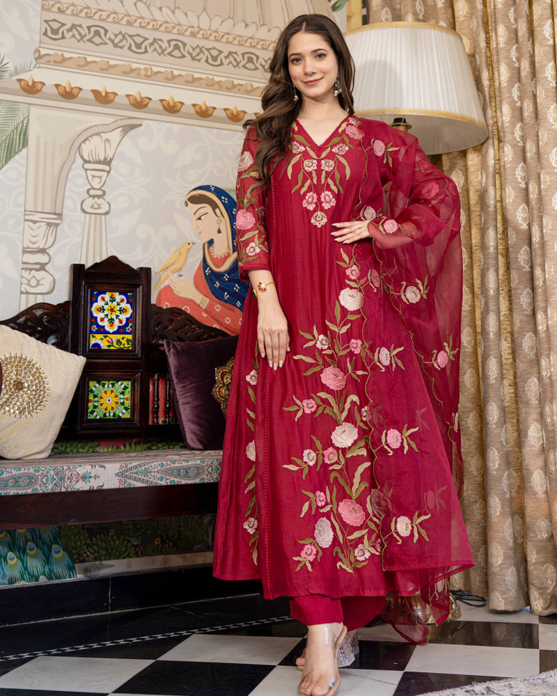 Maroon Red Mul Chanderi Threadwork Premium A Line Suit