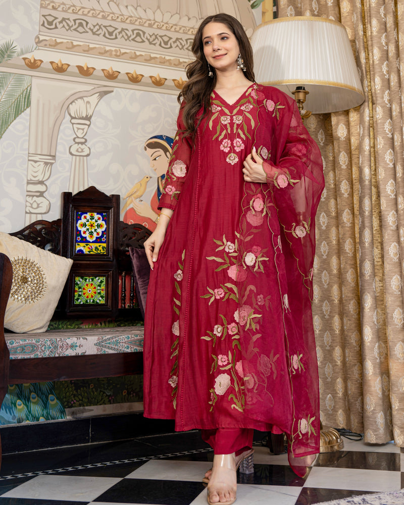Maroon Red Mul Chanderi Threadwork Premium A Line Suit