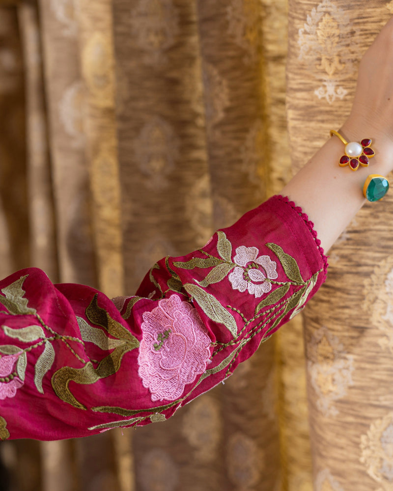 Maroon Red Mul Chanderi Threadwork Premium A Line Suit
