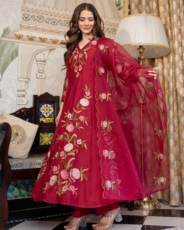 Maroon Red Mul Chanderi Threadwork Premium A Line Suit