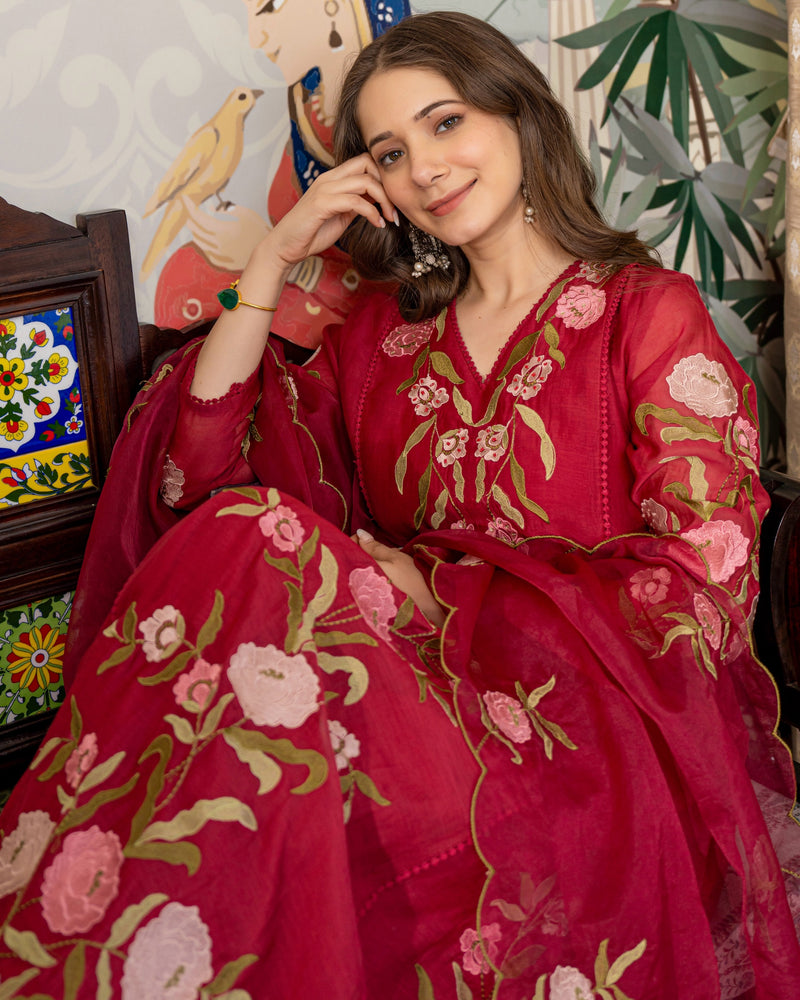 Maroon Red Mul Chanderi Threadwork Premium A Line Suit